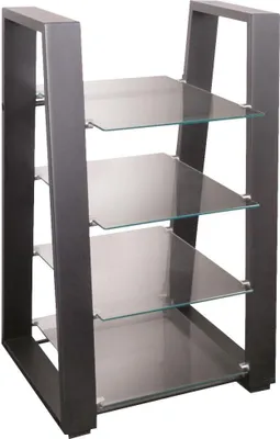 A four-tier audio/video rack with glass shelves and metal frame, shown against a white background.