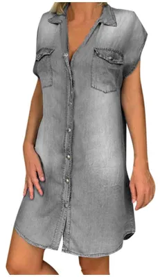 Produktbild von Elzusha - Jeanskleid Damen, knielang, kurze Ärmel, A-Linie