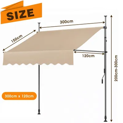 Obrázok produktu pre Terásová markíza – s ručným výsuvom – 300 x 120 cm – s kľukou – 180 g polyester, sPolyuretánpovrchovou úpravou – ochrana proti slnku UV50+ – khaki