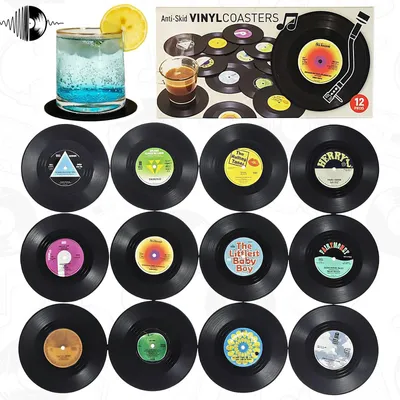 12 Vinyl-Schallplatten-Untersetzer, PVC, schwarz, 15 cm, rutschfest