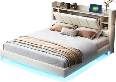 Produktbild von Abrihome Klassisches Bett-140x200 cm Doppelbett Polsterbett mit Lattenrost und Lichtleiste, Einlegeböden mit USB, Beige