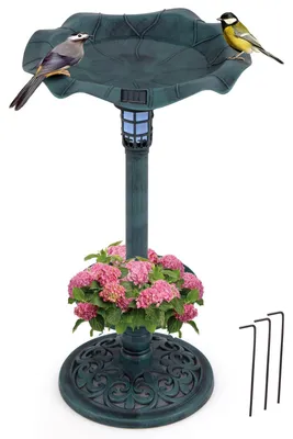 Produktbild von Vogeltränke stehend Ø43x76cm mit Solarleuchte, Blumentopf, Futterspender grün