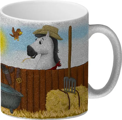 Produktbild von Glitzer-Glitzer-Kaffeebecher mit weißes Pferd Motiv