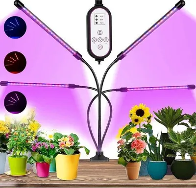 Immagine prodotto di 80 lampade LED colorate per piante da appartamento - Lampada per la crescita con 4 bracci e spettro luminoso ottimale | Lampada in alluminio regolabile con timer