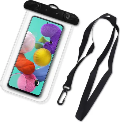 A waterproof phone case with a lanyard, shown with a smartphone inside.