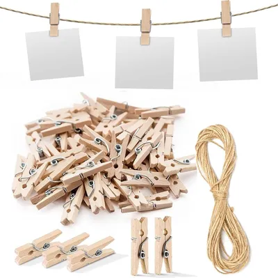 Produktbild von 100 Stück Wäscheklammern Holz, 25 mm Holz Wäscheklammern Clips mit 5m Hanfseil für Fotohalter, Basteln