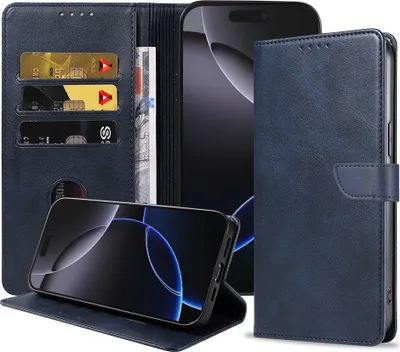 Obrázok produktu pre Fit for iPhone 16 Pro Phone Case Faux Leather with Magnetic Lip and Card Holder Knižkové puzdro s chlopňou - modré - Smartphonica
