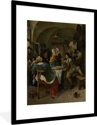 Produktbild von MuchoWow® Gerahmtes Poster Familienszene - Jan Steen 60x80 cm - Poster mit Schwarzem Bilderrahmen Wandposter Rahmen Foto Bilder - Wohnzimmer - Dekorationen - Prämie