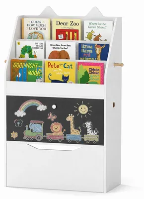 Produktbild von KOMFOTTEU Kinder Bücherregal aus Holz, Kinderregal mit 3 Regalen, 1 Schrank & 2 Haken, Kinderzimmerregal mit Tafel & Schublade mit Rollen, Spielzeugregal für Kinderzimmer, 69 x 30 x 101 cm, Weiß