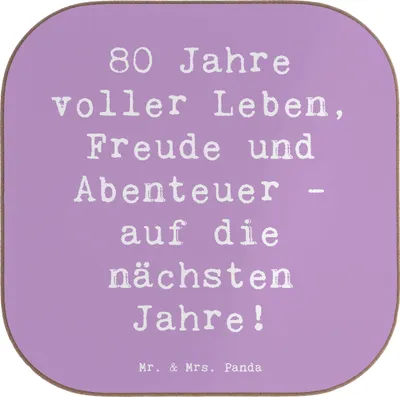 Produktbild von Mr. & Mrs. Panda Untersetzer Tasse Spruch 80. Geburtstag Abenteuer - Lavendeltraum - Geschenk, Quadratischer, bieruntersetzer, 80 Jahre, Glas, zum, Happy Birthday, Freude