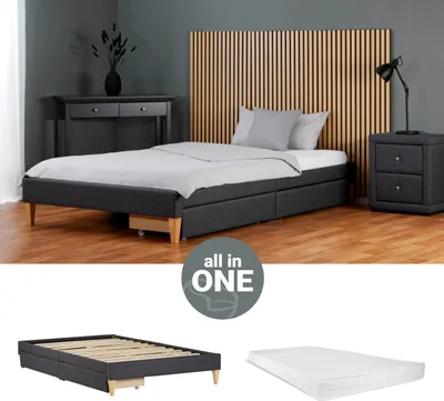 Produktbild von Homestyle4u 2632, Futonbett Polsterbett 90 x 200 Grau mit 2 Bettkästen Matratze Lattenrost Futonbett Bett Bettgestell