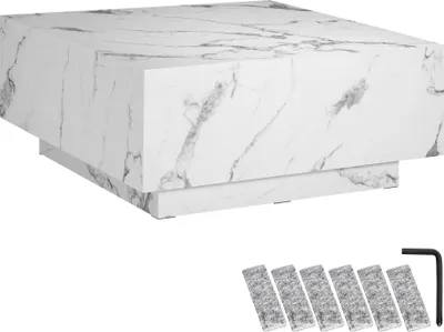 Image de Table basse LASLEY avec pied - Aspect marbre blanc, 80 x 80 x 35 cm