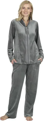 Produktbild von RAIKOU Damen Velours Freizeitanzug Hausanzug Sportanzug Freizeitanzug Jogginganzug Trainingsanzug 2 Teilig Oberteil und Hose Set Grau 40/42