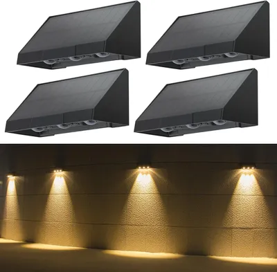 Image de ZMH Lampes solaires pour l'extérieur Jardin 4ER Applique murale solaire Extérieur LED 2 modes Applique murale extérieure 3000K Blanc chaud LED Applique murale solaire étanche Eclairage solaire pour clôture Terrasse Balcon