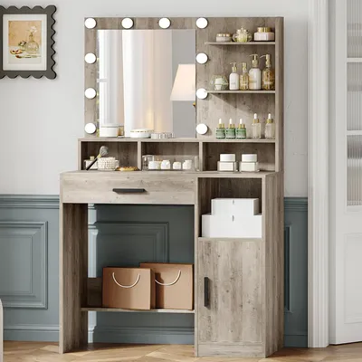 Immagine prodotto di Comò da trucco con specchio e 10 luci LED - Comò con ripiani e grande cassetto - Bianco