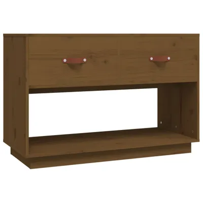 A wooden TV cabinet with two drawers and an open shelf.