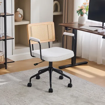 Produktbild von okwish Bürostuhl mit Rollen,Holzgestell, Drehstuhl Verstellbarer Drehstuhl,Chenille, für Arbeitszimmer in Elfenbein