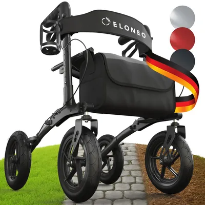 Produktbild von ELONEO Rollator faltbar mit Sitz, Outdoor Rollator mit Luftbereifung inkl. Sitzfläche, Rückengurt, höhenverstellbare Gehhilfe aus Aluminium
