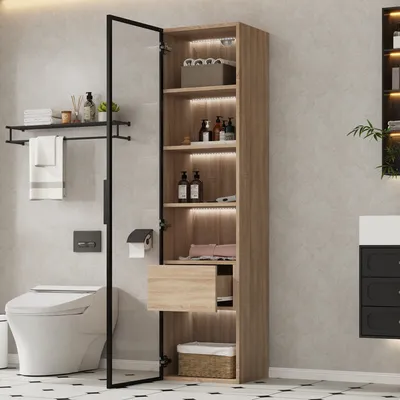 A modern bathroom with a toilet, a tall cabinet with glass door, and a towel rack.