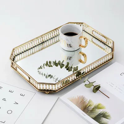 Image de Vintage Plateau miroir Rectangle Métal Verre miroir Plateau déco Plateau bougie Plateau bougie Fête Anniversaire Cadeau