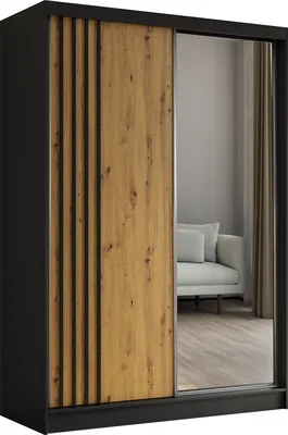Produktbild von Masseno Schiebetürenschrank NELVIA 150 cm Kleiderschrank Schlafzimmer Schrank 2-türig mit Spiegel und Lamellen Schwarz