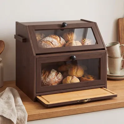 Produktbild von Brotkästen 2. Stock mit Transparentes Fenster Schiebetür Brotkorb Bambus Inklusive abnehmbarem Schneidebrett für längere Frische