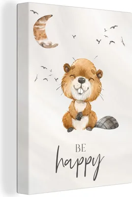 Produktbild von MuchoWow® - Leinwandbilder - Zitate - Glücklich sein - Kinder - Mond - Biber - Aquarell, Wandbild, Wanddeko Bilder Wohnzimmer, 90x120 cm