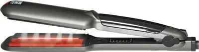 A hair straightener is shown open, with the heating plates glowing red and emitting steam.