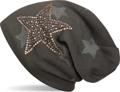Produktbild von styleBREAKER warme Feinstrick Beanie Mütze mit All Over Stern Muster, Strass Stern und sehr weichem Fleece Innenfutter, Uni 04024084