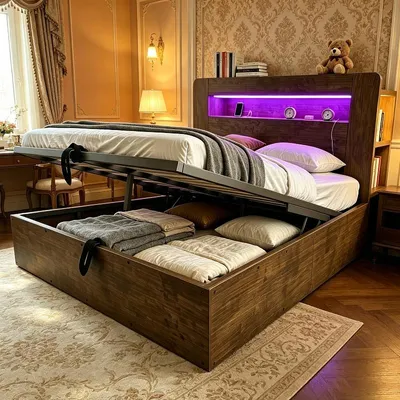 Productafbeelding van Bedframe met opbergruimte, 140x200 cm, van hout, met hydraulisch hefsysteem, LED-hoofdeinde met geïntegreerde stopcontacten en opbergvakken, in vintage-houtstijl
