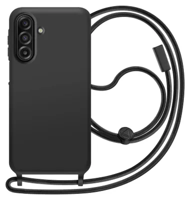 A black smartphone case with a black lanyard attached, shown against a white background.