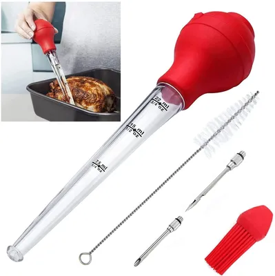 Baster-Set 4-teilig, Silikon, Marinadenspritze, Grillpinsel, rot