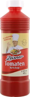 A red plastic bottle of Zeisner Tomaten-Ketchup with a label featuring a chef and food.