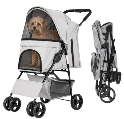 Image de HiPet Chariot pour chien Senna, gris – Chariot pliable pour chiens jusqu'à 15 kg, avec un grand panier de rangement, une moustiquaire, un coussin et une ceinture de sécurité