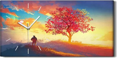 Produktbild von Dekor Leinwand Uhr Wandbilder 60x30 Gemälde Hügel Baum Himmel Sonnenuntergang - weiße Hände