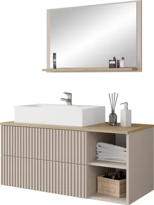 Produktbild von MIRJAN24 Badmöbel Kertos Rillen I, 3er-Set Badmöbel-Set, Spiegel, Waschbeckenschrank, Waschbecken, Fronten gefräst, Spihon (Farbe: Wüstensand / Wüstensand + Eiche Cremona)