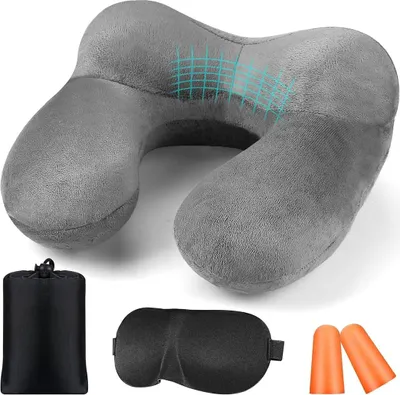 Produktbild von Aufblasbares Reisekissen - Ergonomisch und Weich - Mit Ohrstöpseln