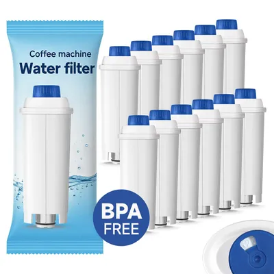 A pack of 12 water filters for coffee machines, with one filter prominently displayed in front of the packaging.