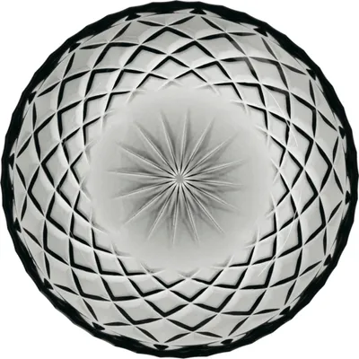 A top-down view of a glass bowl with a diamond-cut pattern.