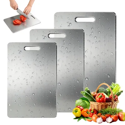 Image de Lot de 3 planches à découper en acier inoxydable avec revêtement antiadhésif, sans BPA, pour la viande, les fruits et les légumes