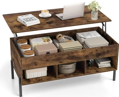 Image de COSTWAY Table basse réglable en hauteur, table d'appoint avec plateau et 3 compartiments, table de salon en bois avec compartiment caché, table basse, marron