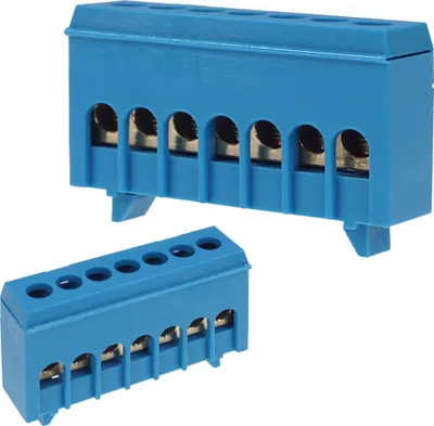 Two blue terminal blocks with silver connectors are shown against a white background.