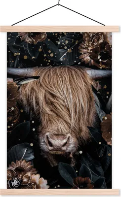 Produktbild von MuchoWow® Textilposter Scottish Hochlandrind - Blumen - Pflanzen 60x90 cm mit holzfarbenen Rahmen - Textil