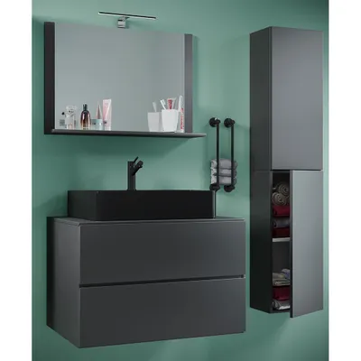 Produktbild von VCM 4-tlg. Waschplatz Waschtisch | schwarzes Waschbecken Unterschrank  Breite 60 cm |  Badmöbel Set mit Schubladen Drehtüren Spiegel | Lendas S BL