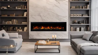 A modern living room with a fireplace, sofas, and bookshelves.