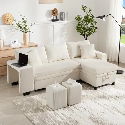 Produktbild von STILVORA Klappsofa mit Schlaffunktion,L-förmiges Ecksofa mit USB-Ladeanschluss und Kissen,3-Sitzer-Umbausofa mit Seitenablagen und Stauraum,Beige