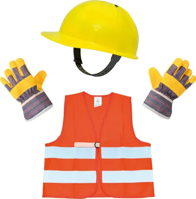 Produktbild von EDUPLAY Bauarbeiter Set für Kinder Bauhelm Warnweste 45x45 cm Handschuhe Unimaß für ca 5-8 Jahre, gelb/orange, 4-teilig (1 Set)