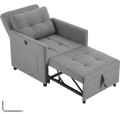 Produktbild von tectake® Schlafsessel 3in1, 6-fach verstellbare Rückenlehne, 150 kg Belastbarkeit, 82x80x86 cm, inkl. Ladestation USB-A, USB-C, in grau