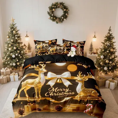 Immagine prodotto di Biancheria da letto natalizia, 155x220 cm, oro e nero, microfibra, set da 2 pezzi con cerniera