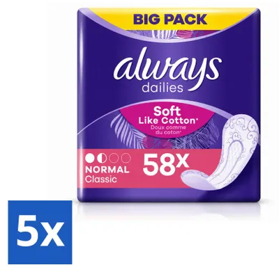 Imagen del producto de 5 unidades de protectores diarios "Always Normal Zacht". Paquete económico